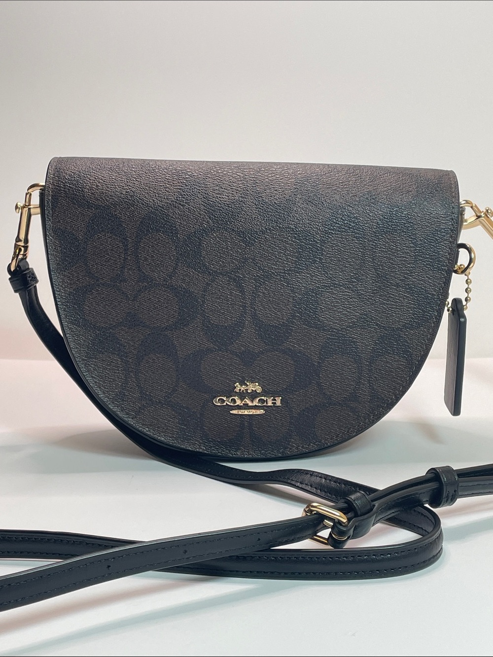 Coach Brown Signature Ellen Half-Moon Crossbody with Gold Hardware